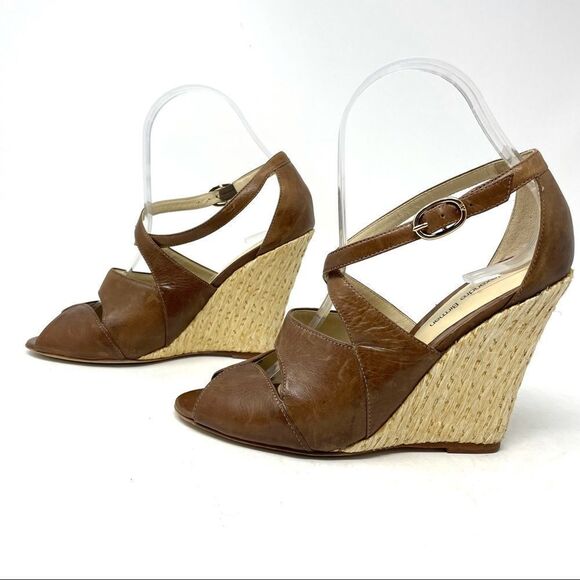 Alexandre Birman Brown Leather Raffia Wedge Sandals Size 38.5 - Picture 4 of 11